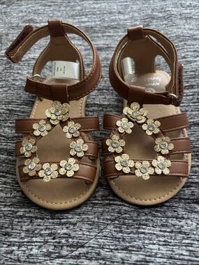 Girls Brown Floral Gem-Accent Sandals with Ankle Strap